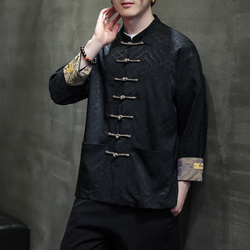 Nimara Ritual Fall Winter Tang Style Elegant Mandarin Collar Abstract Wave Pattern Frog Button Men's Jacket With Pockets
