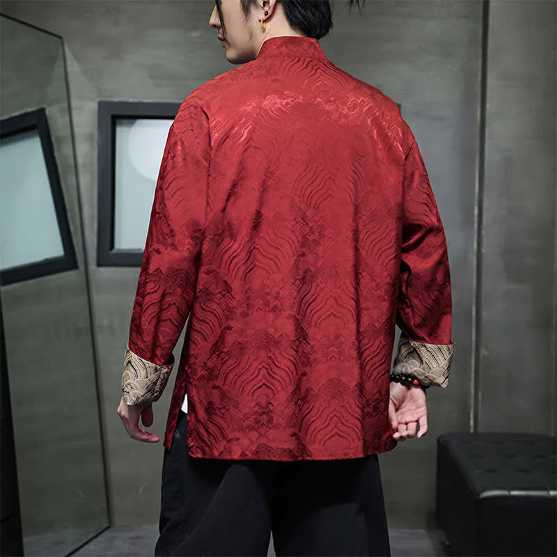 Nimara Ritual Fall Winter Tang Style Elegant Mandarin Collar Abstract Wave Pattern Frog Button Men's Jacket With Pockets