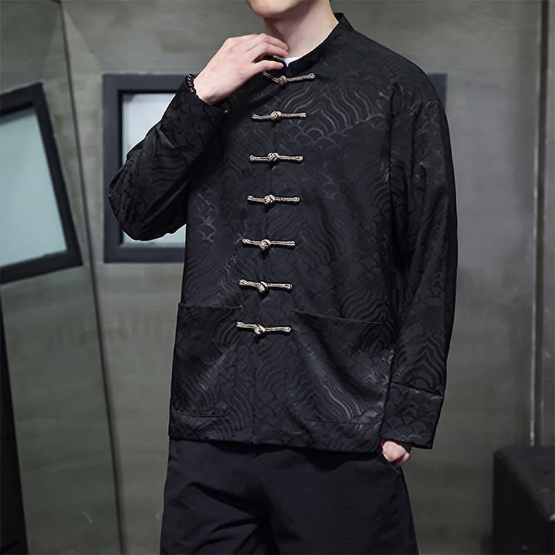 Nimara Ritual Fall Winter Tang Style Elegant Mandarin Collar Abstract Wave Pattern Frog Button Men's Jacket With Pockets