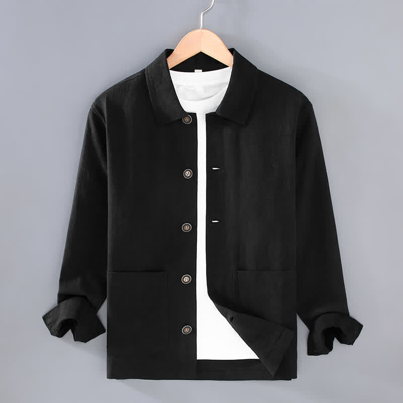 Nimara Ritual Fall Casual Minimalist Solid Buttons Ramie Men's Jacket With Pockets
