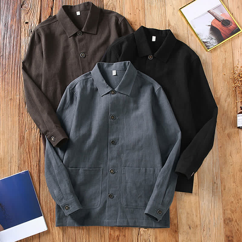 Nimara Ritual Fall Casual Minimalist Solid Buttons Ramie Men's Jacket With Pockets