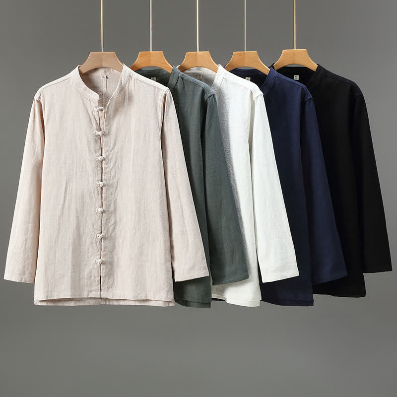 Nimara Ritual Spring Casual Tang Style Frog Button Solid Men's Long Sleeve Shirts