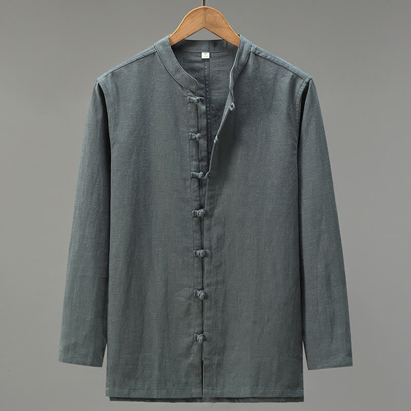 Nimara Ritual Spring Casual Tang Style Frog Button Solid Men's Long Sleeve Shirts