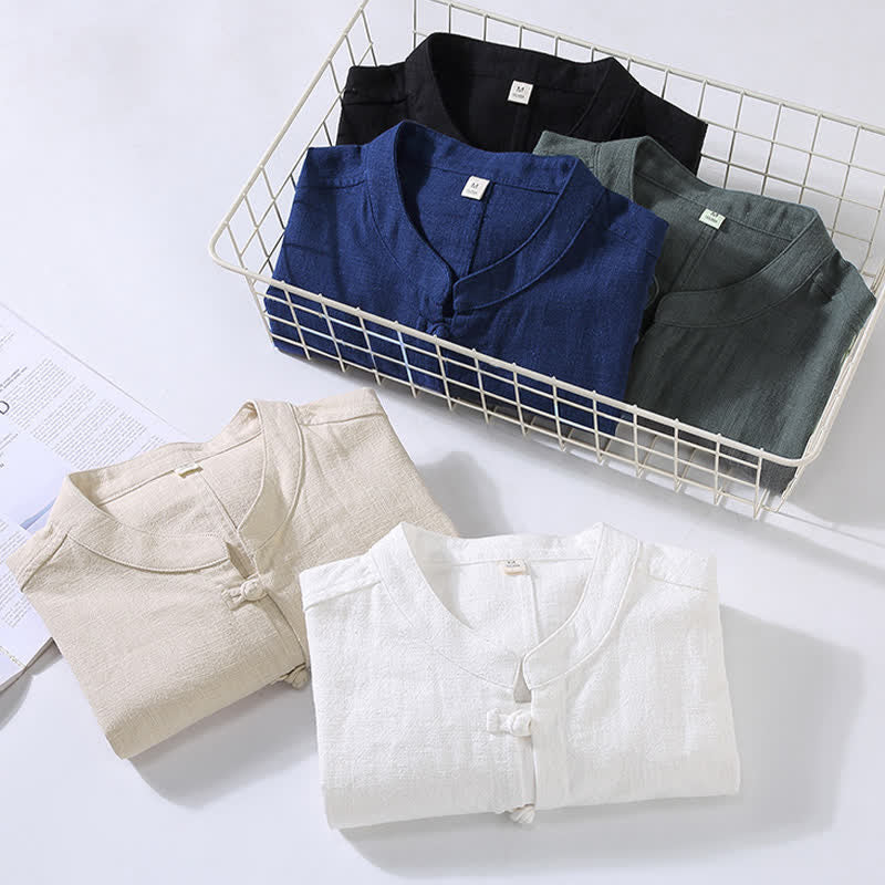 Nimara Ritual Spring Casual Tang Style Frog Button Solid Men's Long Sleeve Shirts