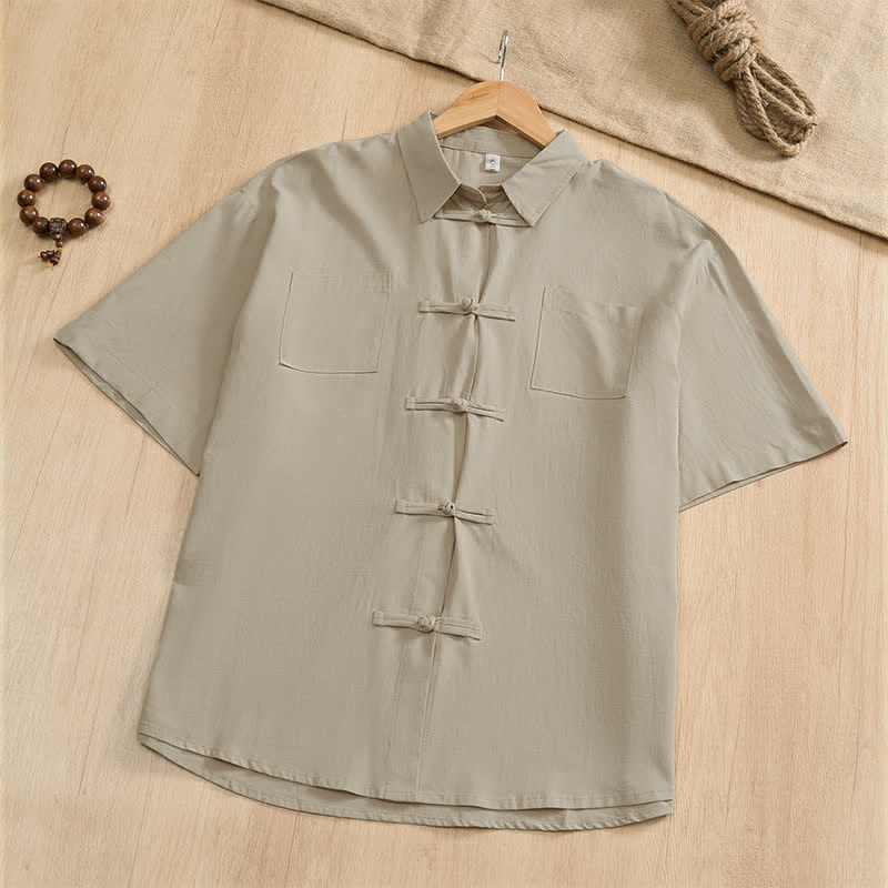 Nimara Ritual Summer Casual Tang Style Frog Button Solid Men's Short Sleeve Shirts With Patch Pockets
