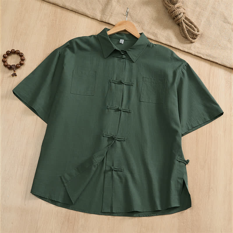 Nimara Ritual Summer Casual Tang Style Frog Button Solid Men's Short Sleeve Shirts With Patch Pockets