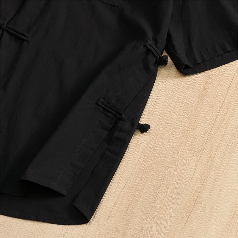 Nimara Ritual Summer Casual Tang Style Frog Button Solid Men's Short Sleeve Shirts With Patch Pockets