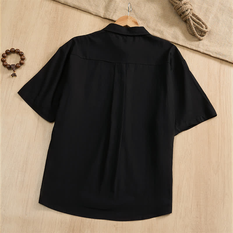 Nimara Ritual Summer Casual Tang Style Frog Button Solid Men's Short Sleeve Shirts With Patch Pockets
