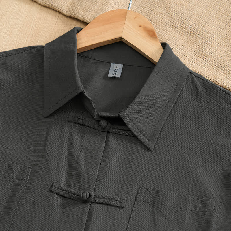 Nimara Ritual Summer Casual Tang Style Frog Button Solid Men's Short Sleeve Shirts With Patch Pockets