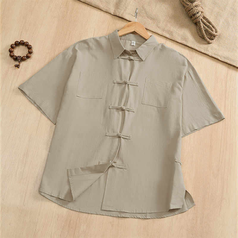 Nimara Ritual Summer Casual Tang Style Frog Button Solid Men's Short Sleeve Shirts With Patch Pockets