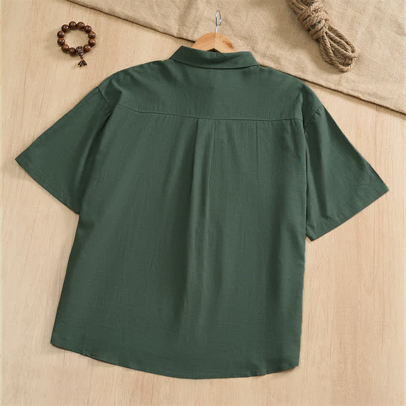 Nimara Ritual Summer Casual Tang Style Frog Button Solid Men's Short Sleeve Shirts With Patch Pockets