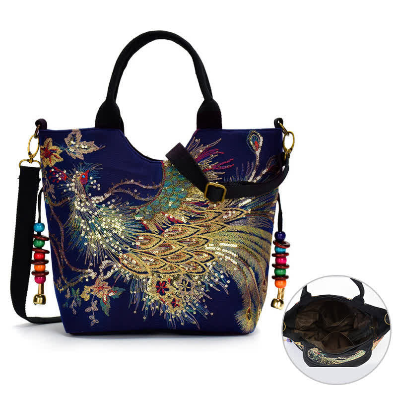 Nimara Ritual Peacock Double-sided Embroidery Tote Bag Shoulder Bag Crossbody Bag