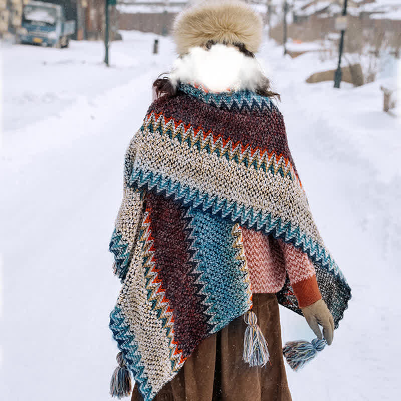 Nimara Ritual Tibetan Shawl Blue Beige Red Wavy Pattern Winter Warm Tassel Scarf