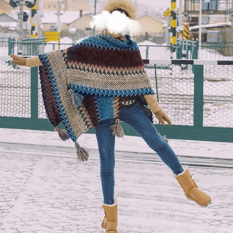 Nimara Ritual Tibetan Shawl Blue Beige Red Wavy Pattern Winter Warm Tassel Scarf