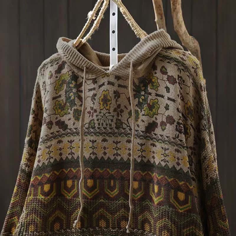 Nimara Ritual Fall Striped Geometric Flowers Cotton Women's Long Sleeve Pullover Knitted Hoodie