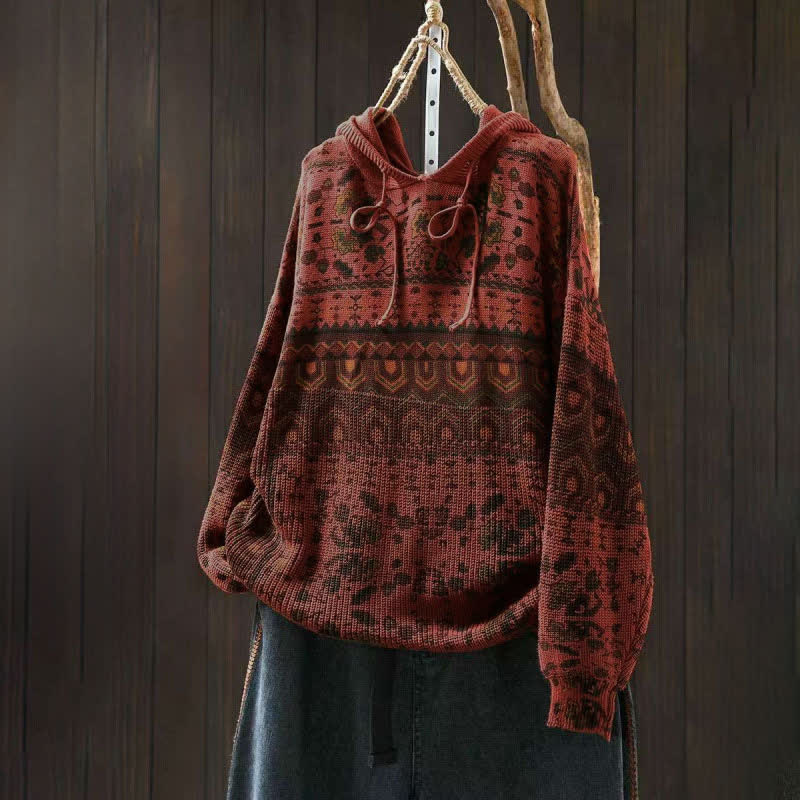 Nimara Ritual Fall Striped Geometric Flowers Cotton Women's Long Sleeve Pullover Knitted Hoodie