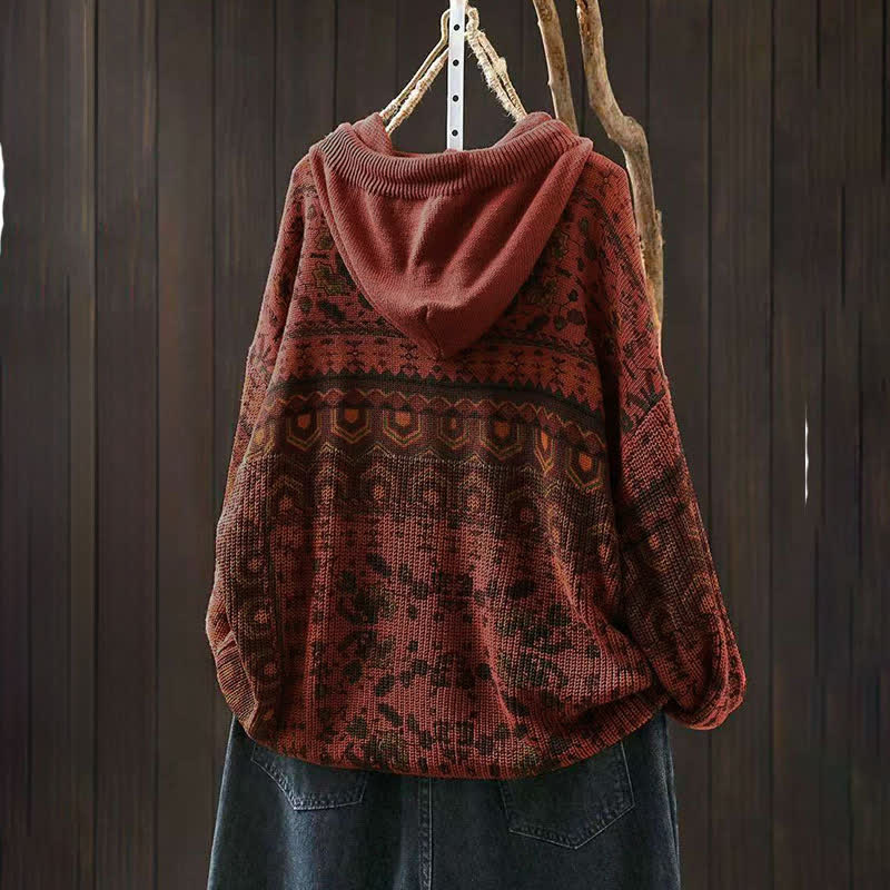 Nimara Ritual Fall Striped Geometric Flowers Cotton Women's Long Sleeve Pullover Knitted Hoodie