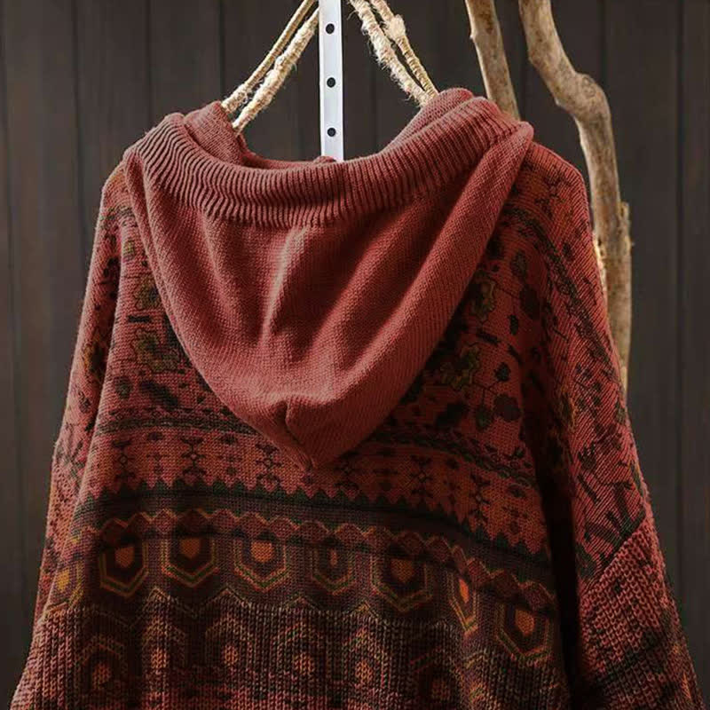 Nimara Ritual Fall Striped Geometric Flowers Cotton Women's Long Sleeve Pullover Knitted Hoodie