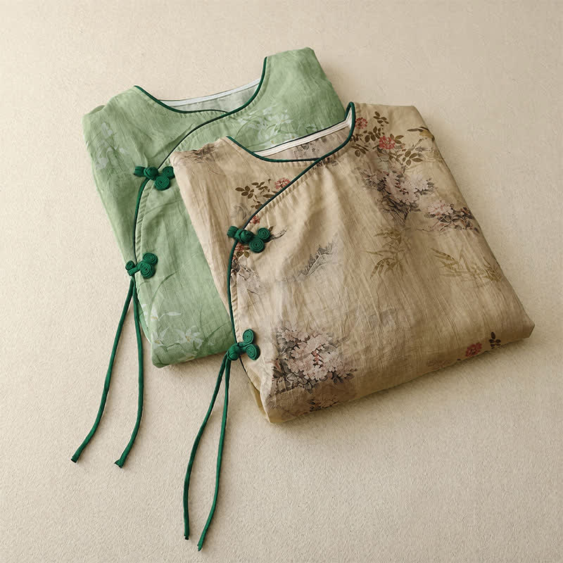 Nimara Ritual Spring Summer Vintage Tang Style Frog Button Floral Women's Long Sleeve Shirts