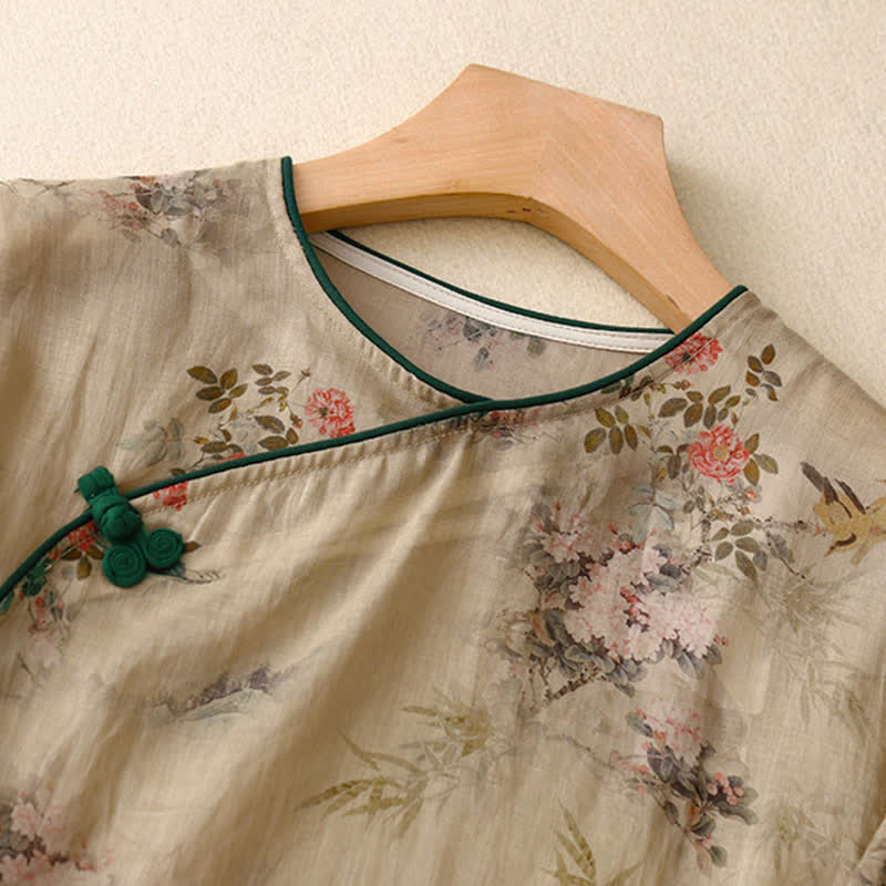 Nimara Ritual Spring Summer Vintage Tang Style Frog Button Floral Women's Long Sleeve Shirts
