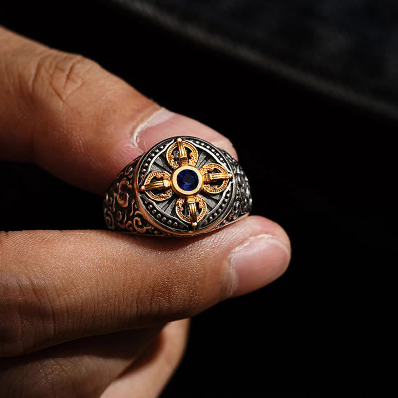 Spiritual Power Tibetan Cross Design Vajra Auspicious Clouds Copper Adjustable Ring