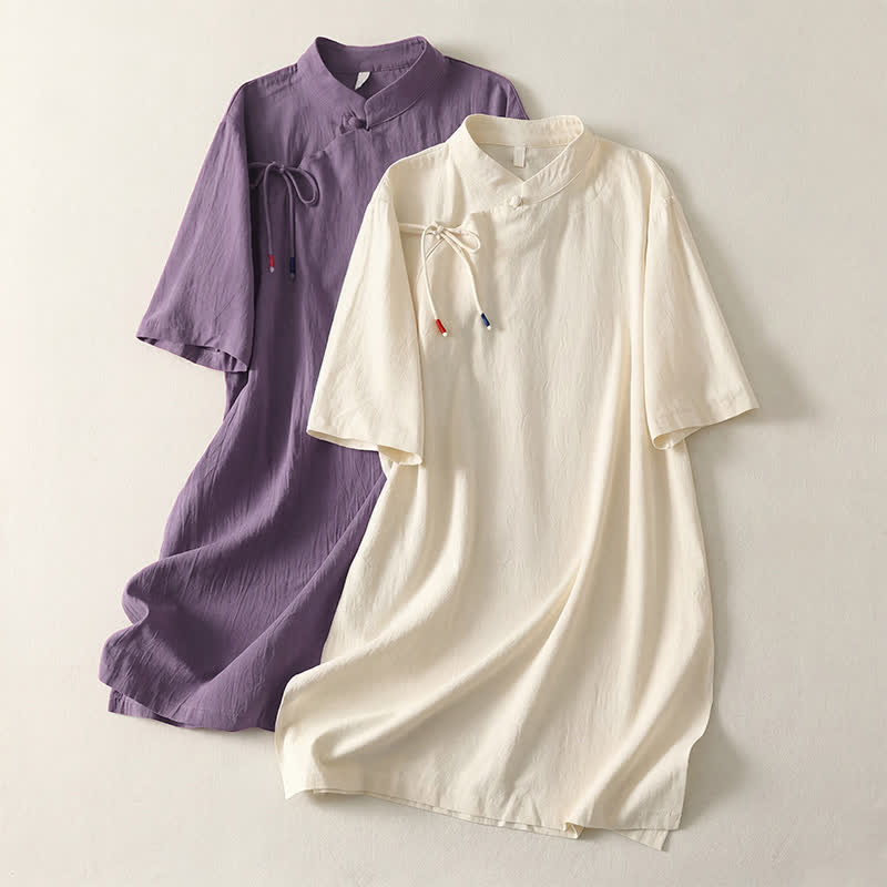 Nimara Ritual Summer Casual Tang Style Mandarin Collar Solid Women's Short Sleeve Dresses