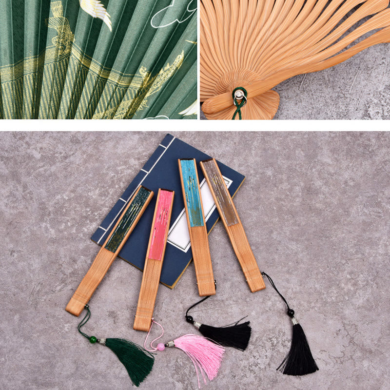 Nimara Ritual Vintage Cloud Crane Pattern Handheld Bamboo Folding Fan