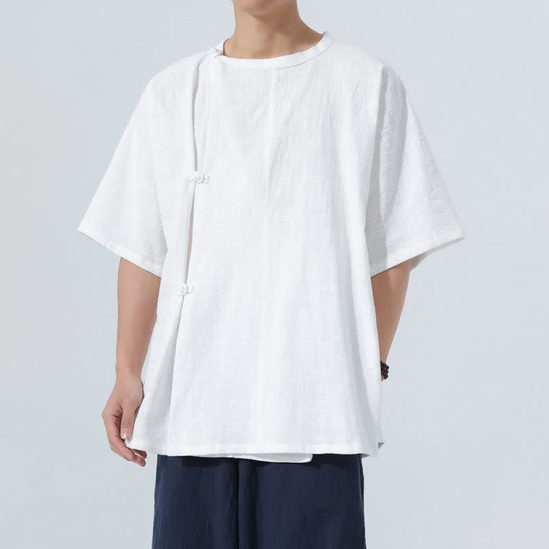 Nimara Ritual Summer Tang Style Minimalist Frog Button Solid Cotton Men's Short Sleeve Shirts