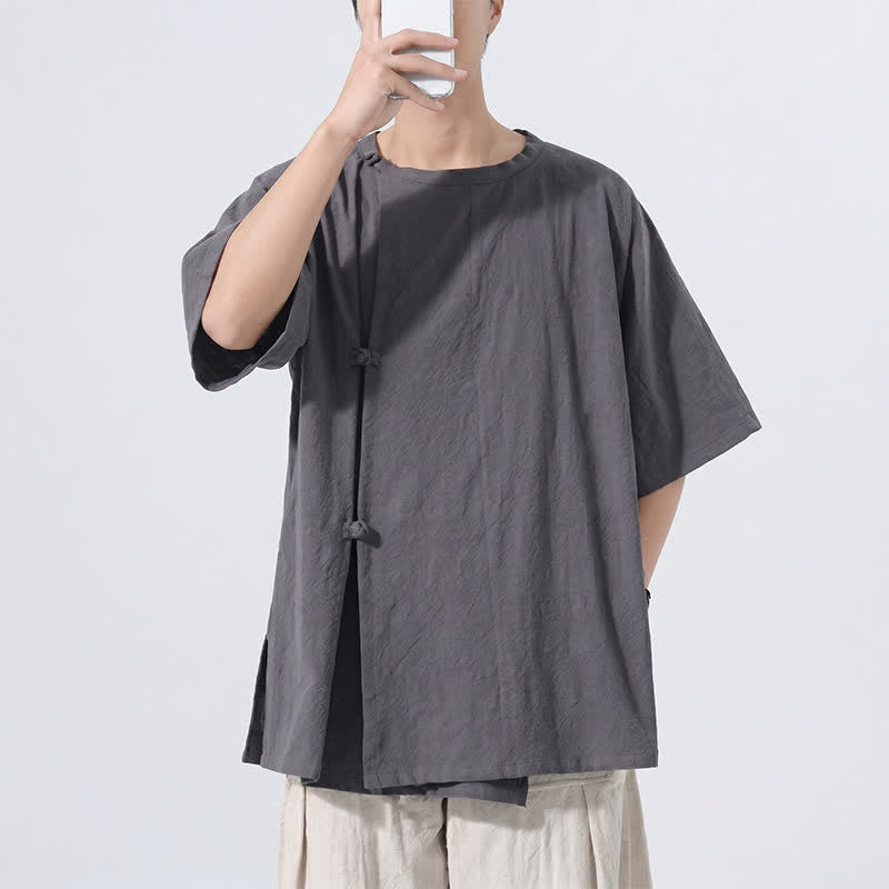 Nimara Ritual Summer Tang Style Minimalist Frog Button Solid Cotton Men's Short Sleeve Shirts