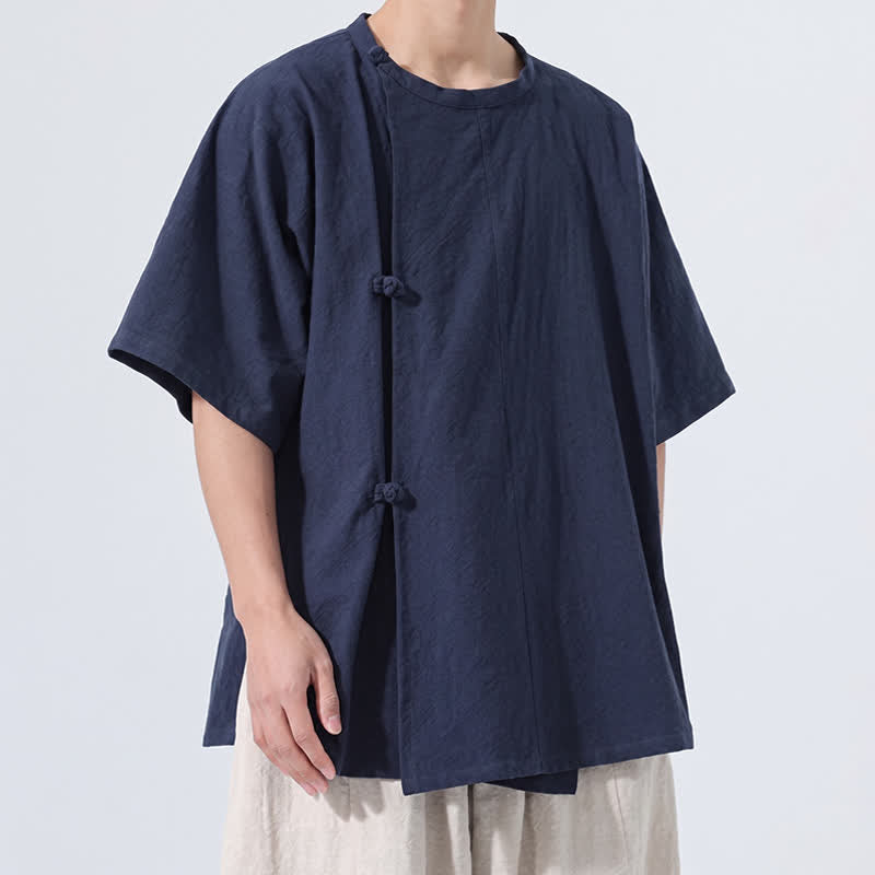 Nimara Ritual Summer Tang Style Minimalist Frog Button Solid Cotton Men's Short Sleeve Shirts