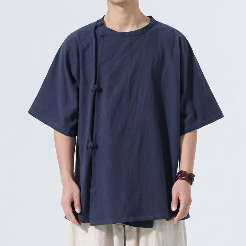 Nimara Ritual Summer Tang Style Minimalist Frog Button Solid Cotton Men's Short Sleeve Shirts