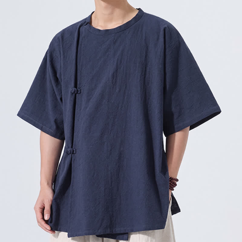 Nimara Ritual Summer Tang Style Minimalist Frog Button Solid Cotton Men's Short Sleeve Shirts