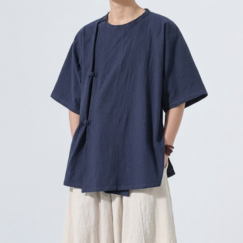 Nimara Ritual Summer Tang Style Minimalist Frog Button Solid Cotton Men's Short Sleeve Shirts