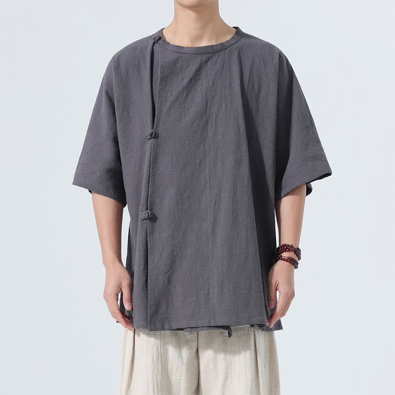 Nimara Ritual Summer Tang Style Minimalist Frog Button Solid Cotton Men's Short Sleeve Shirts