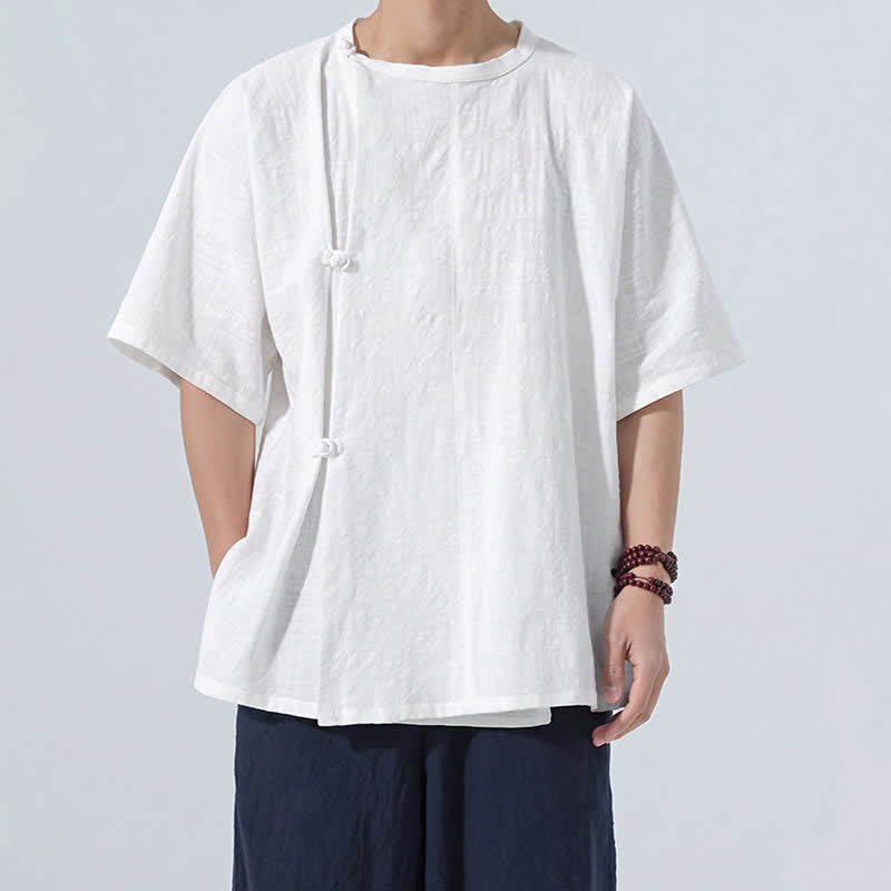 Nimara Ritual Summer Tang Style Minimalist Frog Button Solid Cotton Men's Short Sleeve Shirts