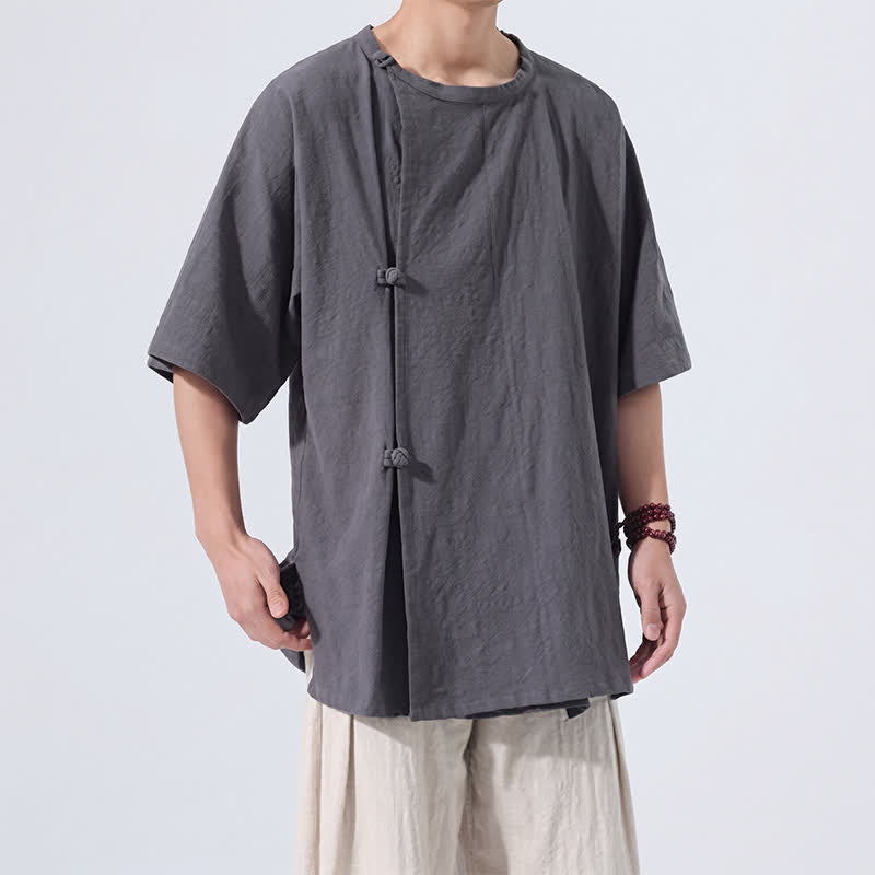Nimara Ritual Summer Tang Style Minimalist Frog Button Solid Cotton Men's Short Sleeve Shirts