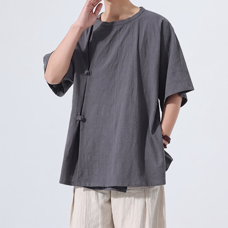 Nimara Ritual Summer Tang Style Minimalist Frog Button Solid Cotton Men's Short Sleeve Shirts