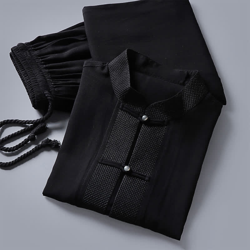 Nimara Ritual 2Pcs Spring Tang Style Mandarin Collar Frog Button Solid Long Sleeve Shirt Pants Men's Meditation Cloth With Pockets