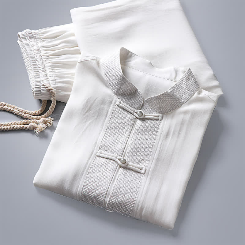 Nimara Ritual 2Pcs Spring Tang Style Mandarin Collar Frog Button Solid Long Sleeve Shirt Pants Men's Meditation Cloth With Pockets