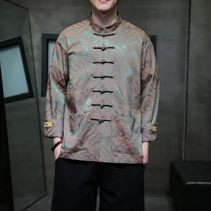 Nimara Ritual Fall Winter Tang Style Elegant Mandarin Collar Abstract Wave Pattern Frog Button Men's Jacket With Pockets