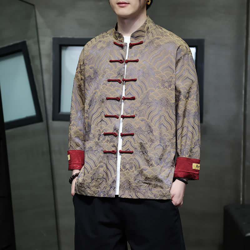 Nimara Ritual Fall Winter Tang Style Elegant Mandarin Collar Abstract Wave Pattern Frog Button Men's Jacket With Pockets