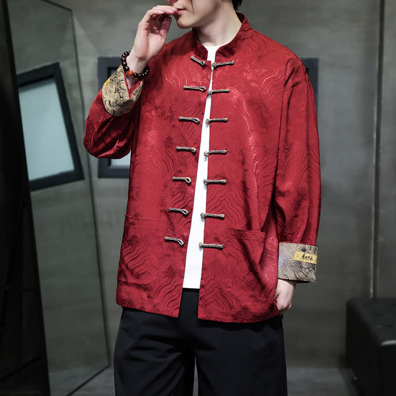 Nimara Ritual Fall Winter Tang Style Elegant Mandarin Collar Abstract Wave Pattern Frog Button Men's Jacket With Pockets