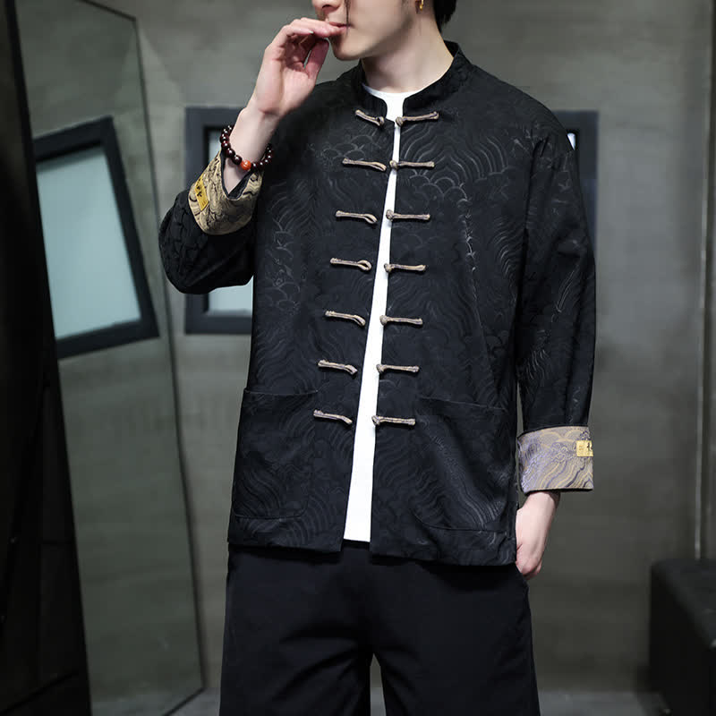 Nimara Ritual Fall Winter Tang Style Elegant Mandarin Collar Abstract Wave Pattern Frog Button Men's Jacket With Pockets