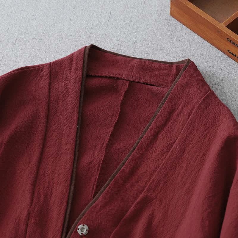 Nimara Ritual Spring Fall Vintage Tang Style Knot Button V-Neck Solid Women's Kimono
