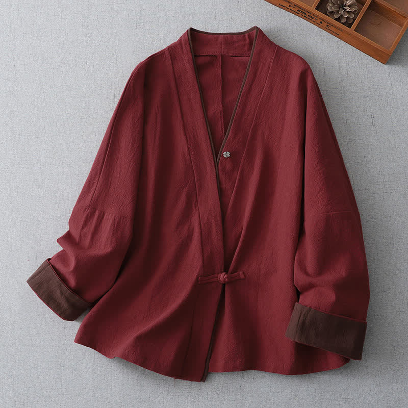 Nimara Ritual Spring Fall Vintage Tang Style Knot Button V-Neck Solid Women's Kimono