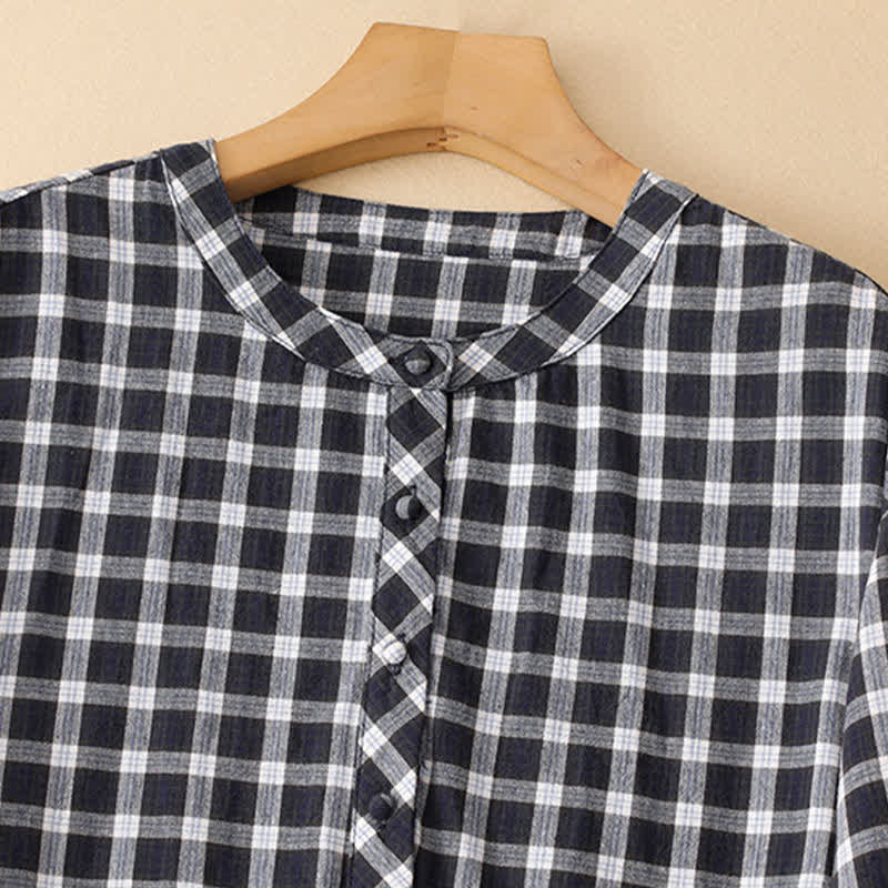 Nimara Ritual Spring Casual Vintage Button-Up Black White Plaid Women's Long Sleeve Dress With Pocket