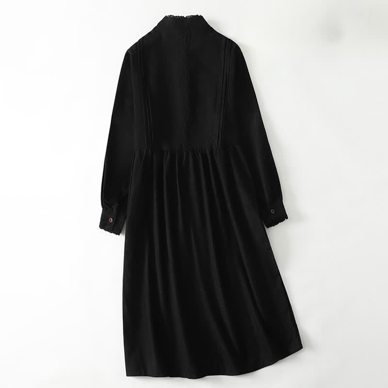 Nimara Ritual Spring Fall Tang Style Vintage Button-Up Pleated Trim Solid Women's Long Sleeve Dress With Pocket