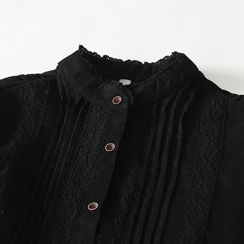 Nimara Ritual Spring Fall Tang Style Vintage Button-Up Pleated Trim Solid Women's Long Sleeve Dress With Pocket