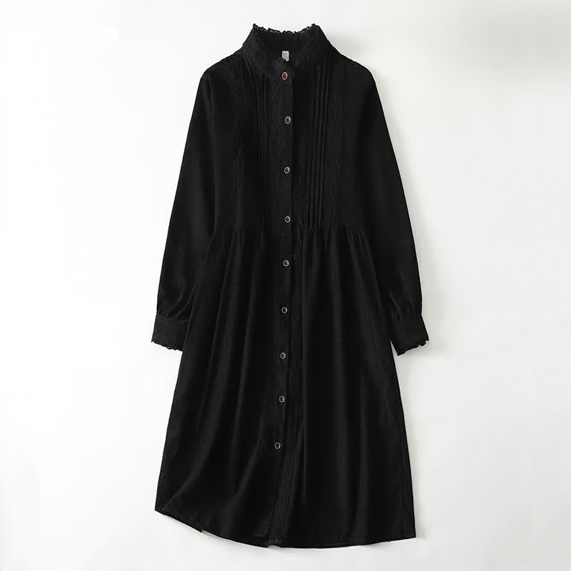 Nimara Ritual Spring Fall Tang Style Vintage Button-Up Pleated Trim Solid Women's Long Sleeve Dress With Pocket