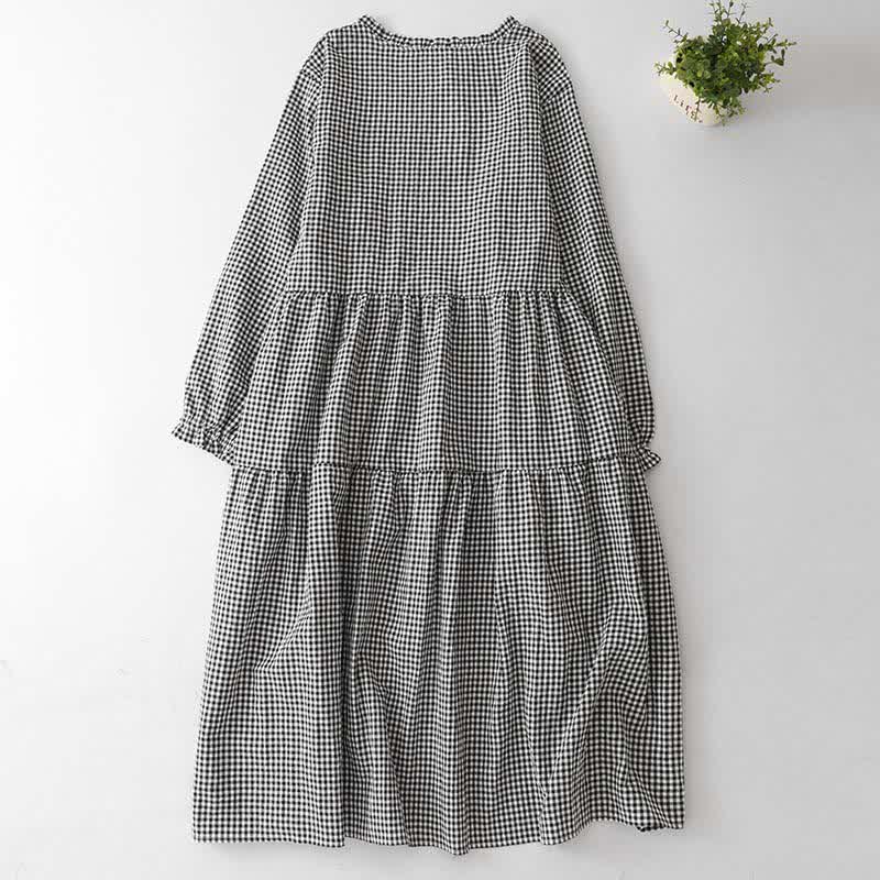 Nimara Ritual Spring Fall Casual Vintage Tiered Plaid Women's Long Sleeve Dress With Pocket